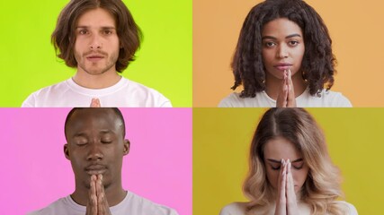 Poster - Four individuals of different backgrounds express a sense of calm and unity through prayer-like gestures. Each person is framed with bright, contrasting colors that enhance the emotional connection.