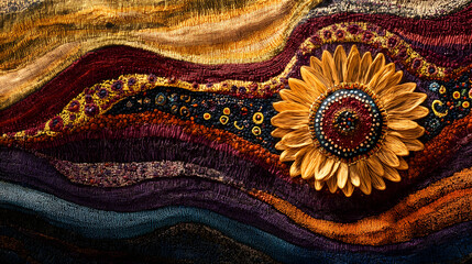 Aufkleber - Vibrant textured artwork with sunflower centerpiece against colorful patterns : Generative AI