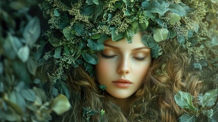 Wall Mural - Serene young woman with lush green foliage crown, closed eyes, surrounded by verdant leaves in a tranquil forest setting, natural beauty concept.