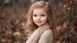 © The 2R Artificiality - Adorable child girl with long curly hair wearing beige sweater and knitted scarf surrounded by autumn foliage in a serene outdoor setting