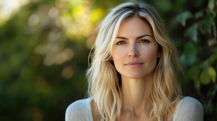 Wall Mural - Caucasian woman with shoulder-length wavy blonde hair in soft natural light against a blurred green outdoor background showcasing a serene expression.