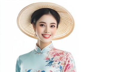 Wall Mural - Vietnamese Woman in Traditional Ao Dai Dress with Floral Patterns and Conical Hat Smiling Against White Background