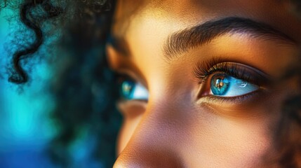 Poster - Multiracial women collaborating on project details in modern office with laptop and tablet showcasing bright blue eyes and curly hair against colorful background