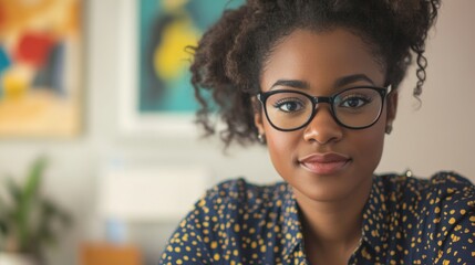 Poster - Confident business analyst with natural curly hair and glasses working at modern office desk with colorful abstract art in background and empty copy space