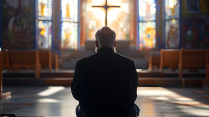 Aufkleber - Solitary Figure Sitting in Silent Contemplation in a Church with Stained Glass : Generative AI