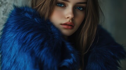 captivating portrait of a young woman with striking blue eyes dressed in a luxurious blue fur coat, 