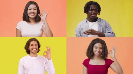 Poster - A collection of four individuals with diverse backgrounds, showcasing joyful expressions and gestures against bright orange and yellow backgrounds. Each person shares a moment of happiness.
