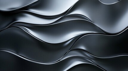 Fototapete - Abstract Dark Grey Metallic Waves Smooth Shiny Fluid Curves Background Texture