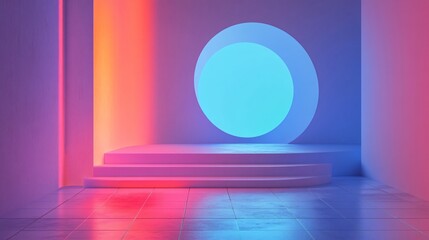 Fototapete - Abstract Neon Background with Steps Circular Light and Pink Blue Gradient