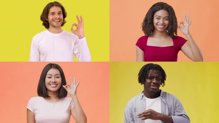 Poster - Four individuals from different backgrounds joyfully share positive emotions through gestures. Each person stands against vibrant backdrops, radiating a sense of connection and unity.