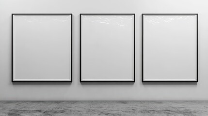 Poster - three empty frames on a wall ready for artwork display in a minimalist gallery setting with modern a