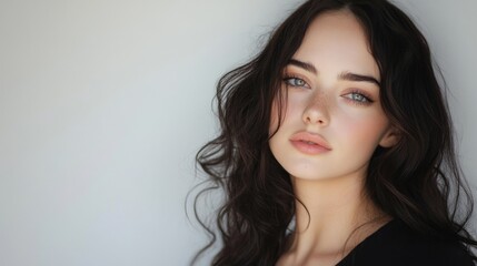 Wall Mural - Dramatic portrait of a beautiful young adult woman with wavy brunette hair and soft makeup against a neutral light background displaying natural beauty and elegance.