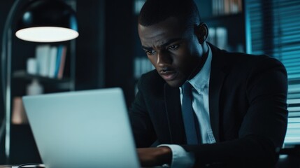 Poster - professional adult man focused on laptop computer while working in a dark office with blue and grey 