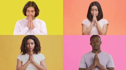 Poster - Four individuals display different gestures and emotions against vibrant backgrounds. Their expressions include contemplation, serenity, and eagerness, showcasing multiracial diversity.