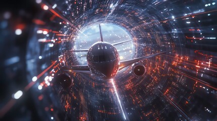 Aufkleber - Airplane emerges from a futuristic interface with data flowing around it, symbolizing the interconnected world of aviation