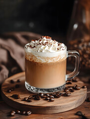 Aufkleber - Rustic Coffee Mug With Whipped Cream on Wooden Table Surrounded by Beans : Generative AI