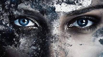 Poster - close-up of a human face with blue eyes surrounded by dark particles and artistic stamps creating a 