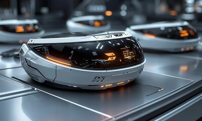 Fototapete - Futuristic helmets charging in factory; tech background