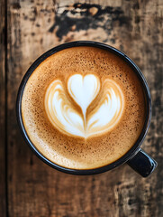 Poster - Exquisite Heart-Shaped Foam Art On Rich Cappuccino In Black Cup : Generative AI
