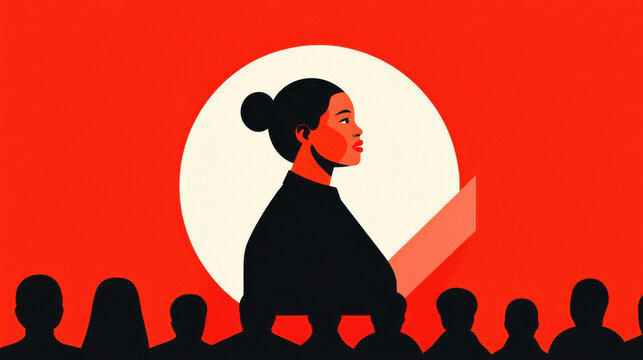 A stylized illustration of a woman in profile against a bright red background, symbolizing empowerment and individuality amidst a crowd.