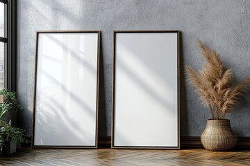 Poster - Empty Mockup Frames Against Textured Wall with Natural Light and Minimalist Interior Design Elements in a Cozy Setting