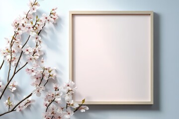 Poster - Elegant mockup poster frame with blank space for design, surrounded by delicate cherry blossom branches on a soft blue background