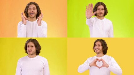 Poster - A person displays various emotions through distinct hand gestures against vibrant backgrounds. The collage showcases four different poses, emphasizing communicative expressions.