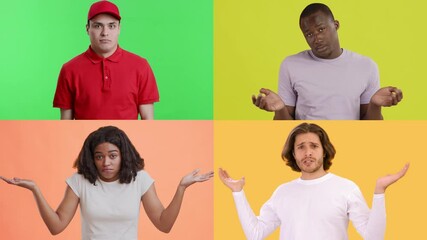 Poster - Four people from different backgrounds display a range of emotions through gestures. Each person presents a unique response, surrounded by vibrant colored backgrounds that enhance the expressions.