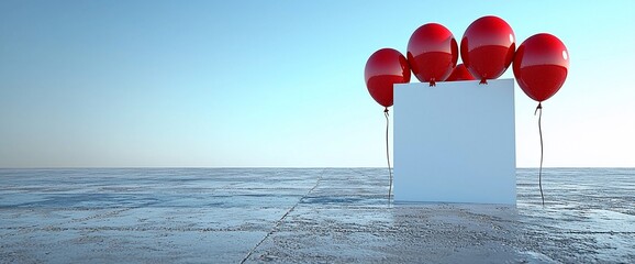 Poster - Blank white sign with red balloons on a vast, empty concrete surface under a clear sky.