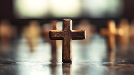 Aufkleber - Rustic Wooden Cross on Reflective Surface Symbolizing Faith and Tranquility : Generative AI
