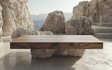 Poster - Wooden platform on rocks near ocean.