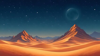 A stylized desert landscape at night, featuring two prominent sand dunes under a starlit sky with a large, pale moon.