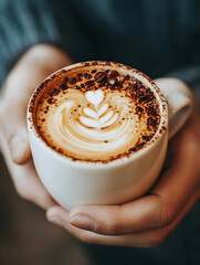 Poster - Hands Holding a Beautiful Latte With Heart Art Design for a Cozy Coffee Moment : Generative AI