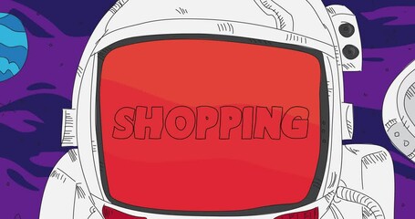 Poster - Astronaut in space with Shopping Text. Abstract cartoon animation. 4k HD Format resolution video.