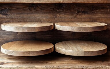 Poster - Four round wooden shelves on rustic wooden wall.