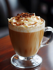 Aufkleber - Rich Latte with Whipped Cream Topped with Chocolate Shavings on Table : Generative AI