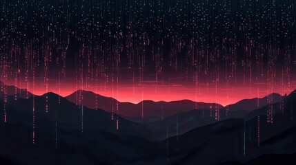 Poster - binary code in the form of glowing rain falling over a dark, futuristic landscape, symbolizing data 