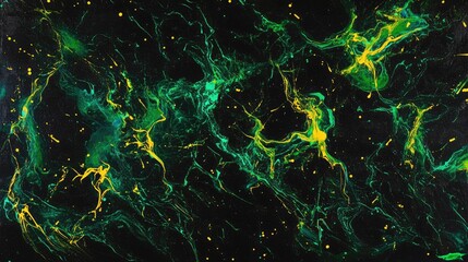 Poster - Neon green and yellow light trails looping and intersecting on a pitch-black canvas.