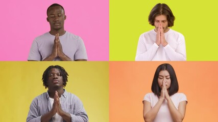 Poster - Four individuals are shown with hands clasped and heads bowed, displaying introspective emotions against vibrant backgrounds.