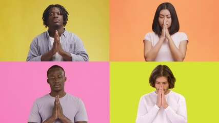 Poster - Four multiracial people each demonstrate a prayerful gesture with eyes closed. Bright backgrounds enhance their diverse expressions and emotions, showcasing a connection through gesture.