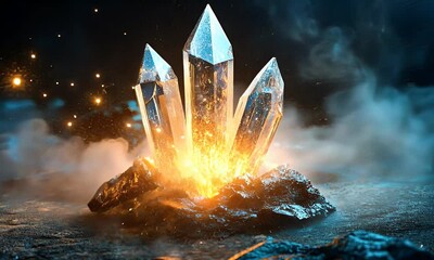 Poster - Glowing crystals emerge from dark, smoky ground