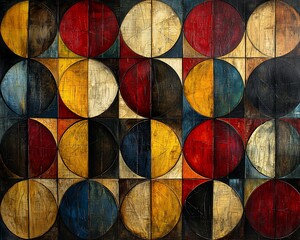 Poster - Abstract geometric painting with colorful circles and wood texture.
