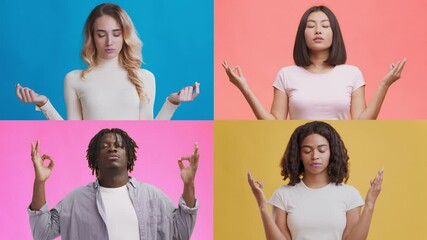 Poster - A collection of four people expresses emotions and gestures against colorful backgrounds. Each individual engages in a moment of reflection and mindfulness.