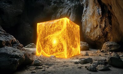 Aufkleber - Glowing cube in cave, energy, rocks, background, concept art
