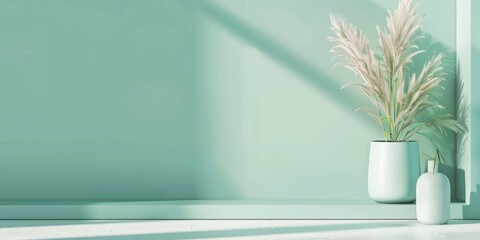 Poster - A minimalist aesthetic featuring a light emerald green backdrop, Minimalist design elements arranged symmetrically, Modern minimalist style