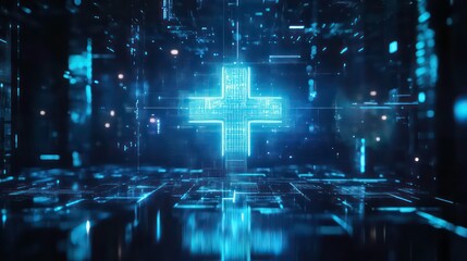 Fototapete - Blue digital healthcare cross emerging from futuristic technological background