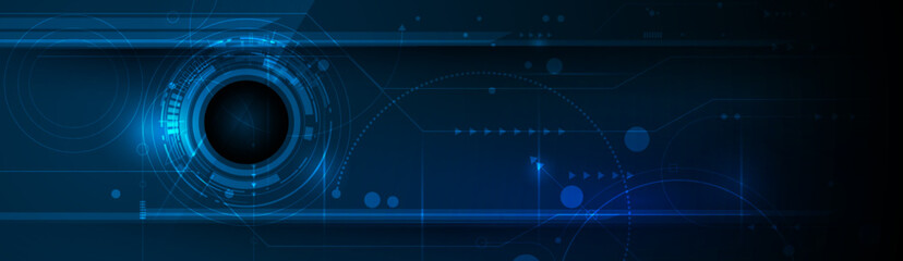 Aufkleber - Vector illustration design, digital eyeball and line on circuit board. High tech computer, science technology. Abstract futuristic communication concept. Dark blue color background