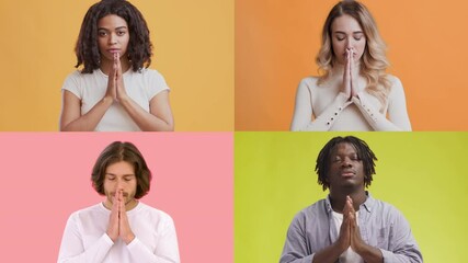 Poster - Four multiracial individuals showcase various gestures of thoughtfulness and emotion against colorful backgrounds. Each person exhibits unique expressions of introspection and connection.