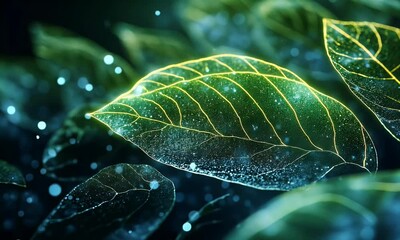 Aufkleber - Glowing leaves, dark background, nature energy, science