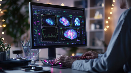 Wall Mural - image shows person using advanced computer screen displaying brain scans and data analysis in modern workspace